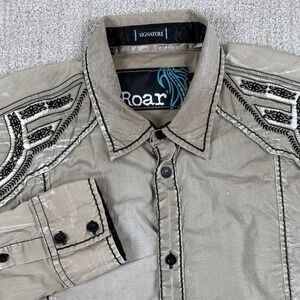 Roar Signature Mens Large Beige Embroidered Long Sleeve Button Up Shirt